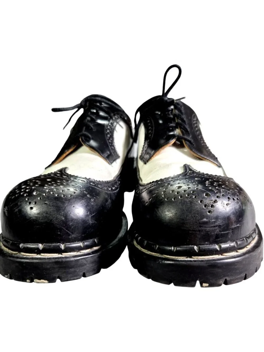 90s VTG Gripfast Original Derby Wingtip Black White Steel Toe Oxfords Mens SZ 10